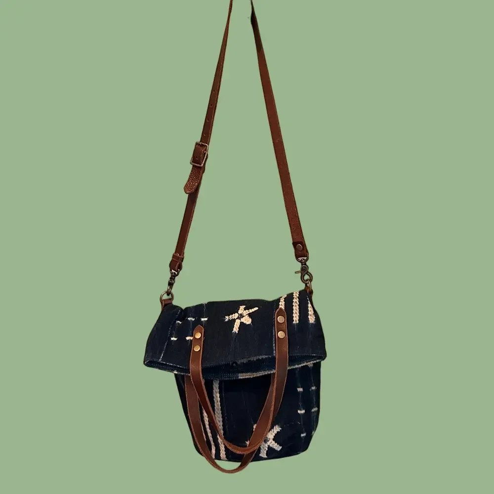 West African Mud Cloth Mali Barrel Bucket Bag Genuine Leather Hand Crafted